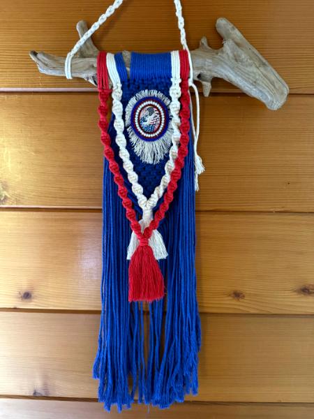 Red/white/blue Macrame with a bead embroidered polymer clay centerpiece by KLEW