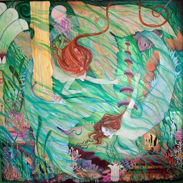 Mermaids in Atlantis original painting, acrylic, 5foot x 6 foot