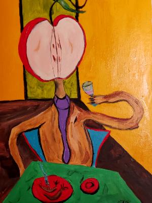 An Apple Head prepares for a dinner of raw slugs and wine. An Apple Head prepares for a dinner of raw slugs and wine.