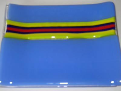 Sky blue tray with yellow, blue, and red stripes