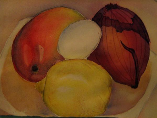 Still life of mango, lemon, onion, and egg 