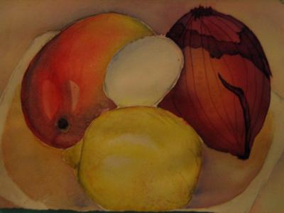 Still life of mango, lemon, onion, and egg Still life of mango, lemon, onion, and egg