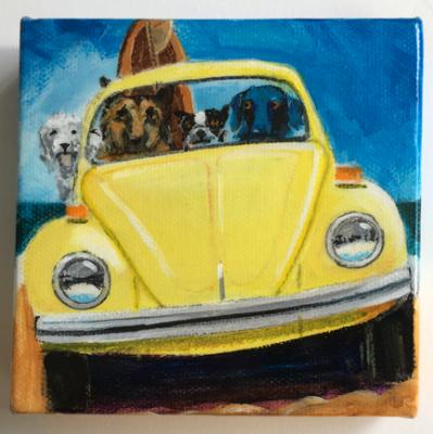 FOUR SURFDOGS IN A YELLOW BUG
