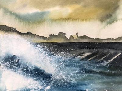 Crashing waves at Vazon, watercolour, 30cm x 25cm.