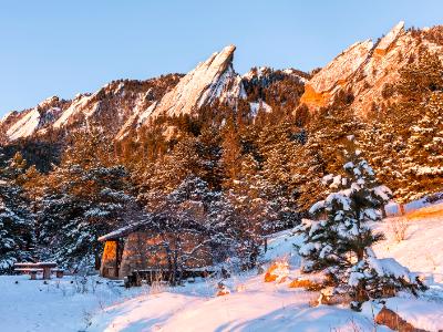 Chautauqua Picnic Shelter below Snow Covered Flatirons Chautauqua Picnic Shelter below Snow Covered Flatirons