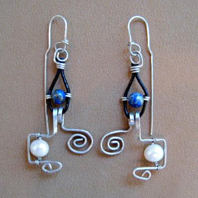 Lapis, Pearl and Silver Curl Earrings