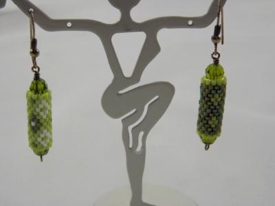 E-61 Shades of Green Bead Tube Earrings