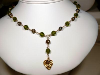 Olive Swarovski Crystals with gold leaf Y-necklace