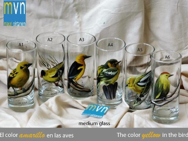 Set of handpainted glasses: YELLOW BIRDS