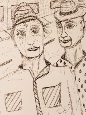 The odd looking pair wandered the empty streets at 3 a.m. seeking the building with the orange door. The odd looking pair wandered the empty streets at 3 a.m. seeking the building with the orange door.