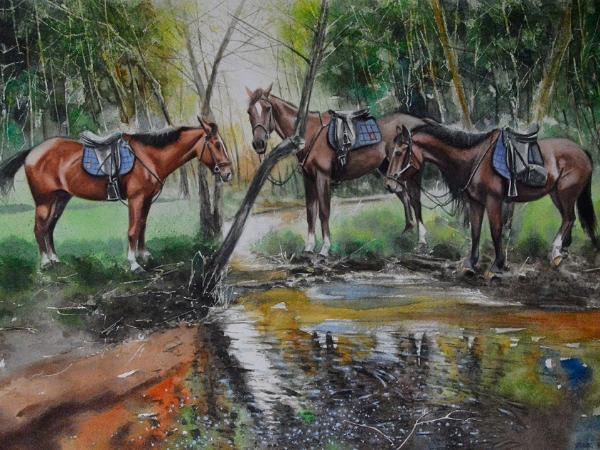 Horses in the forest, 38xm x 56cm, 2022