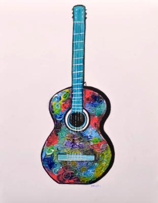 Modern abstract Guitar painting colorful red blue,yellow pop musical by Manjri