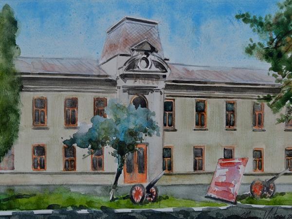 Plein air watercolor painting of the Museum Judetean Antonescu, Giurgiu-ROMANIA,, 28cm x 38cm, 2018