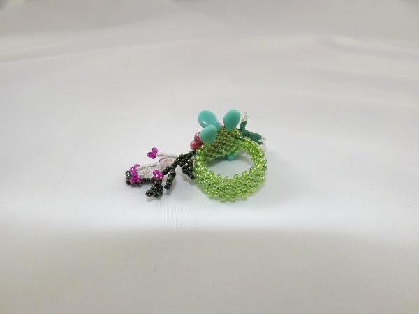 R-1 Green Beaded Ring w/Pink Beads & Turquoise Teardrops