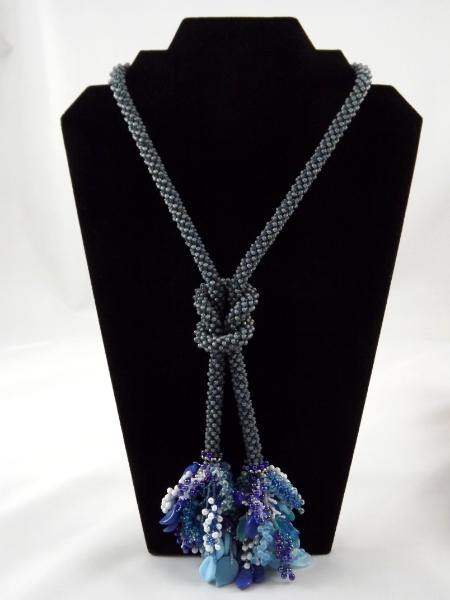 N-72 Matte AB Slate Blue Crocheted Tassel Rope Necklace