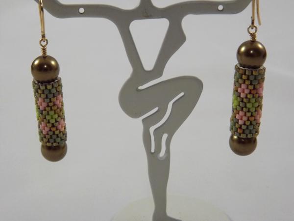 E-104 Pink & Shades of Olive Bead Tube Earrings with Pearls
