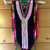 Black/pink/green Macrame with bead embroidered silk ends centerpiece