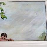Curious boy looking down from painted skylight
