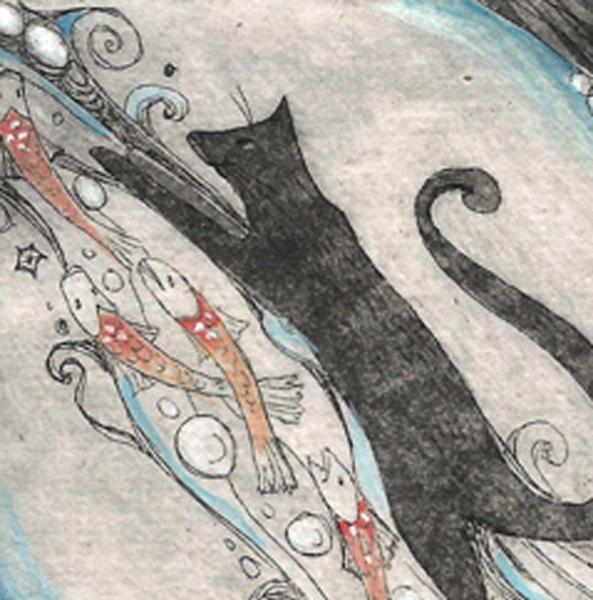 Little Cat with Fish etching hand painted limited edition cat etching