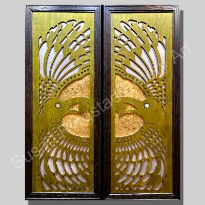 Raven Diptych, Goldtone metal flake and green Raven Diptych, Goldtone metal flake and green