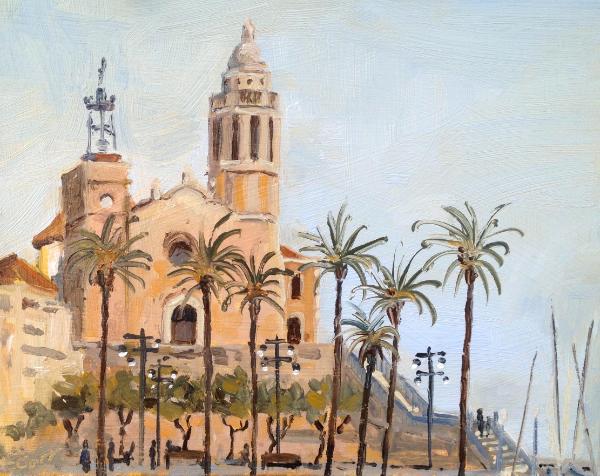 Iglesia de San Bartolomé y Santa Tecla, Sitges, Spain, oil on wood, 6x8 ins