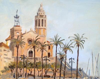 Iglesia de San Bartolomé y Santa Tecla, Sitges, Spain, oil on wood, 6x8 ins Iglesia de San Bartolomé y Santa Tecla, Sitges, Spain, oil on wood, 6x8 ins