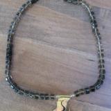 11-0086 bronze pierced lizard / smoky quartz beads knotted on silk cord necklace