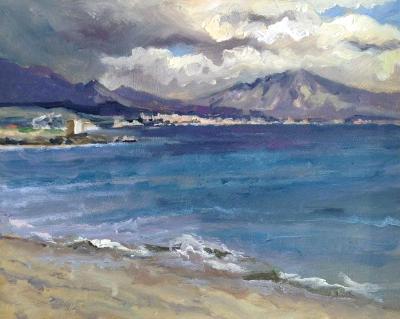 Stormy skies, towards Torreguadiaro, Spain, oil on board, 10x8 ins