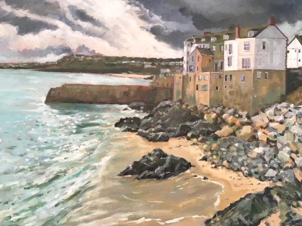 St Ives Bamaluz Beach, oils on wood panel