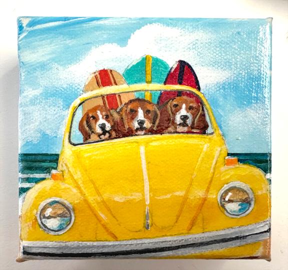 THREE BEAGLES IN A BUG