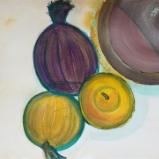 Two Onions and Pear with Wooden Bowl