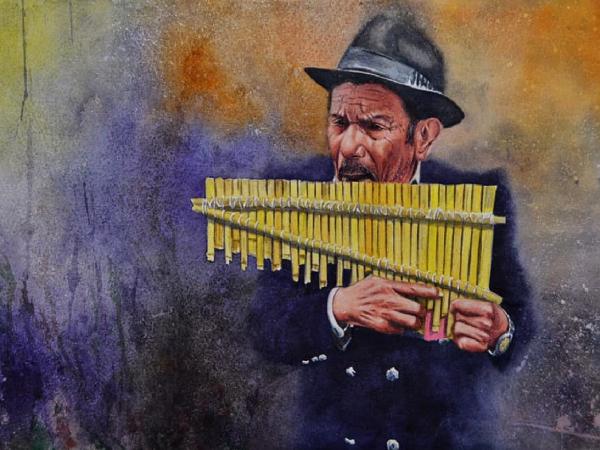 Portrait of a street panflute player, 38cm x 56cm, 2020