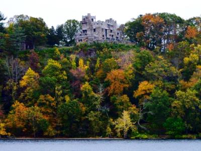 Gillette Castle atop a colorful autumn hill