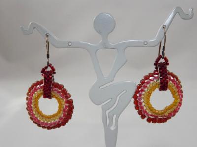 E-35 Dark Red & Gold Beaded Medallion Earrings