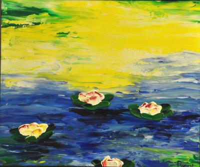 SOLD  Large Water Lilies 20 x 24 Acrylic on Canvas board Embellished prints available 