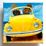 TWO SURFING DACHSHUNDS IN A BUG