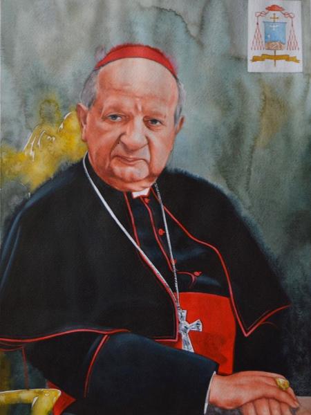Watercolor portrait of the Polish Cardinal STANISLAW DZIWISZ, 80cm X 60cm, 2016