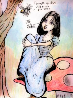 Alice Talks with a Gnat, ink and colored pencil on paper with Photoshop effects, 9x12. 2021. Alice Talks with a Gnat, ink and colored pencil on paper with Photoshop effects, 9x12. 2021.