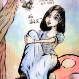 Alice Talks with a Gnat, ink and colored pencil on paper with Photoshop effects, 9x12. 2021.