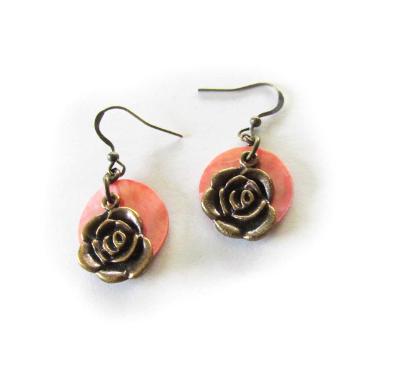 Pink shell brass rose earrings