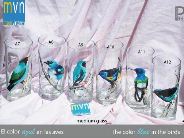 Set of handpainted glasses: BLUE BIRDS
