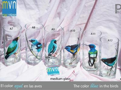 Set of handpainted glasses: BLUE BIRDS