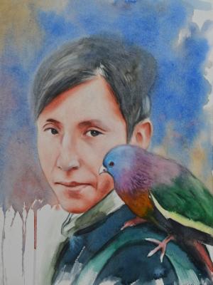 Custom watercolor portrait with a dove, 35cm x 50cm, 2018