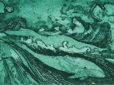 Ocean woman and whale etching limited edition whale art 