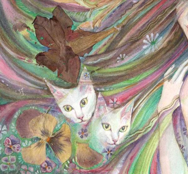 Spring Queen flower goddess art print with cats