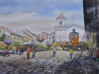 San Blas square and church, 35cm x 50cm, 2015 San Blas square and church, 35cm x 50cm, 2015
