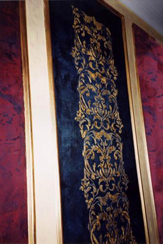 Raised gold leaf stencil on black stone finish