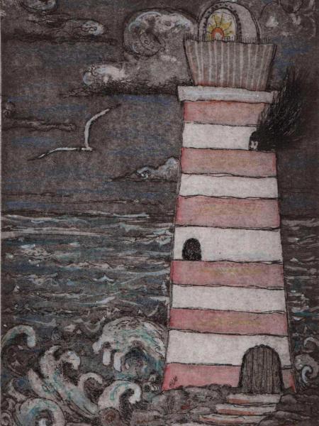 Lighthouse Keeper illustration whimsical lighthouse etching hand colored with poem