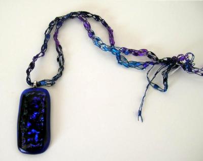 Blue Dichroic Glass with Crocheted Chain Blue Dichroic Glass with Crocheted Chain