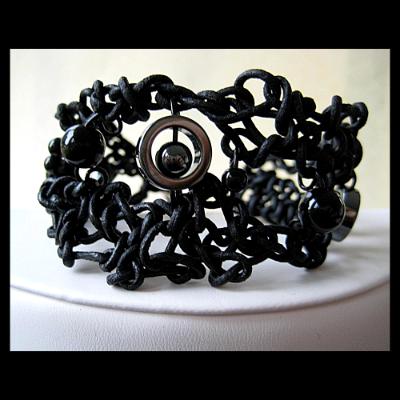 Black on Black Crocheted Leather Cuff Bracelet